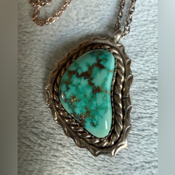 Vintage Navajo Philip White Silver Turquoise Pendant Necklace - Picture 3 of 8